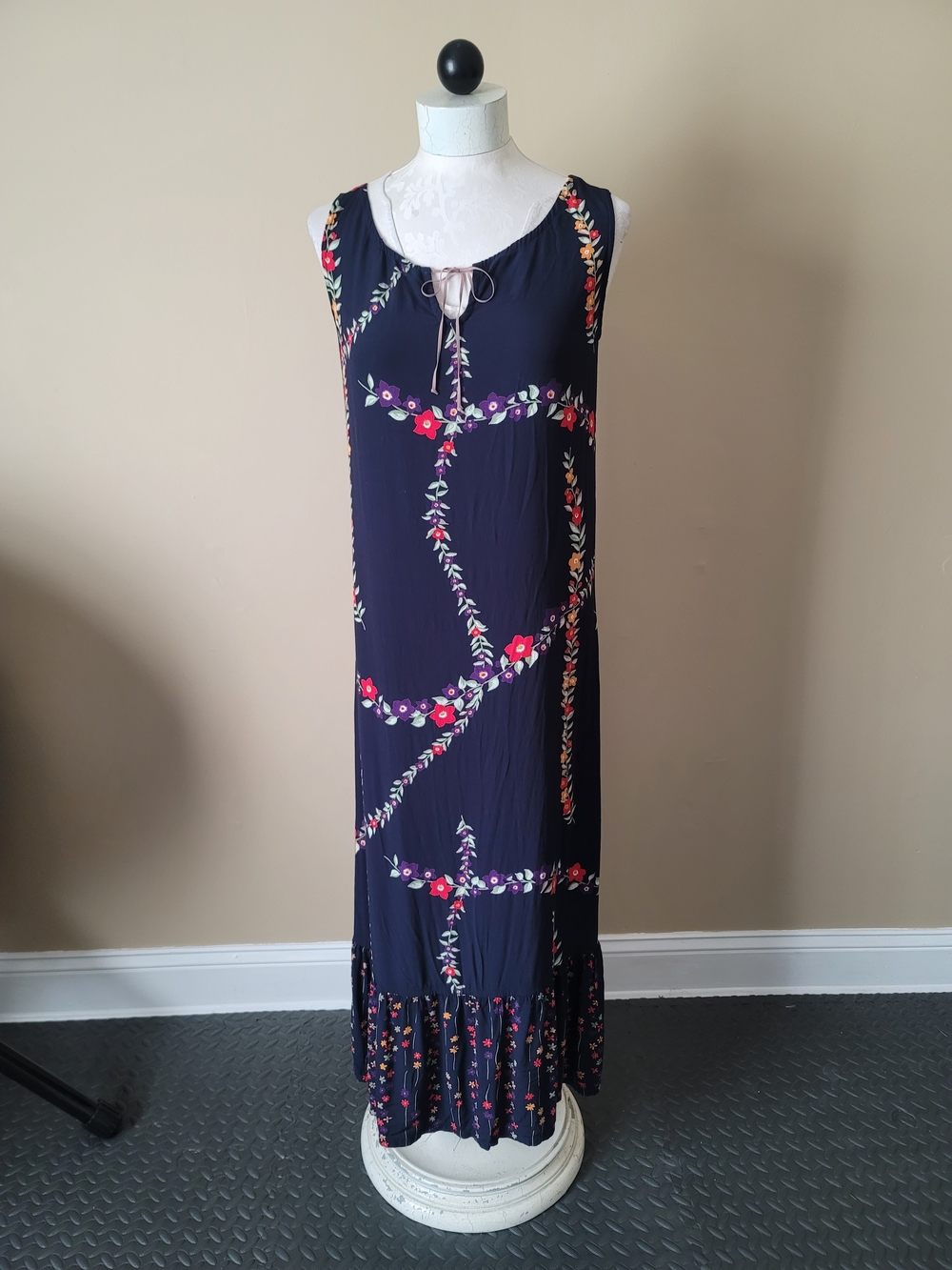 Vintage Blue Floral Tie-Front Sleeveless Maxi Dress Ruffle Hem Size M